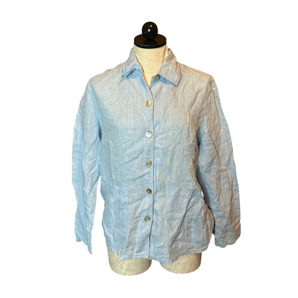 Chico's LINEN Button Down Light Blue‎ Pockets Long Sleeve Blouse 0 (XS/S) Artsy
